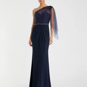 Mac Duggal Navy One-Shoulder Gown with Embellishments 79392 Band new with Tag